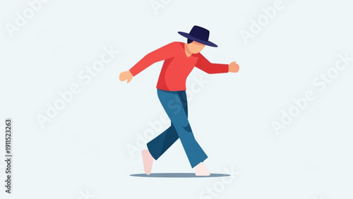 An athletic man in a formal suit and hat holds a flag while performing a fun cartoon vector illustration of running and baseball action