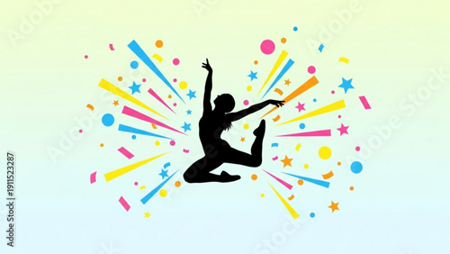 Success and joy define this summer fashion illustration of a dancing woman's silhouette jumping in the air with colorful splashes, butterflies, and flower design art