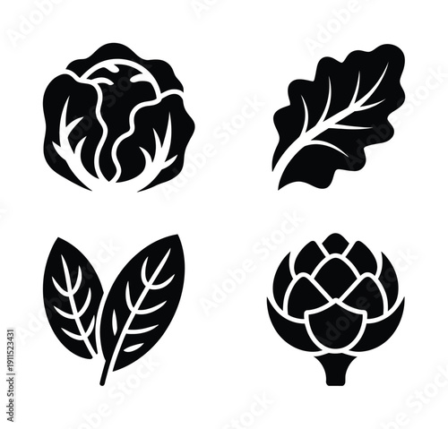 Black and White Icons of Fresh Vegetables: Cabbage, Lettuce, Spinach, and Artichoke
