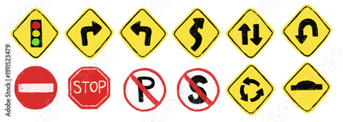Set collections of cute watercolor crayon yellow red hand drawn traffic road prohibited warning sign doodle kids illustration nursery design sticker