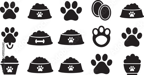 Black and white pet icons and food symbols collection