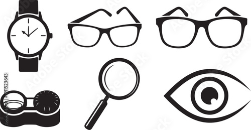 Collection of vision and time accessories in black and white