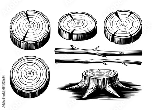 Collection of Hand Drawn Wood Slices Branches and Tree Stump