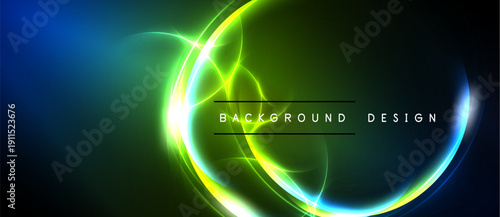 Bright neon lights form abstract circular shapes. Vivid blue, green hues dominate dark background. Text reads background design.