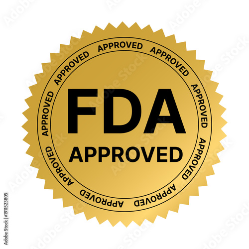 FDA approved gold round label with shiny realistic badge design, serrated edge sticker with stars for product packaging, branding, marketing, food and supplement labeling, and quality assurance