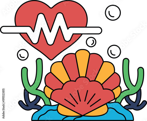 A heart is drawn in the center of a picture of a shell and seaweed