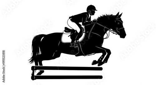 Silhouette of Equestrian Skill: A skilled equestrian gracefully guides a powerful horse over a jump, embodying the beauty and precision of the sport in a striking silhouette.