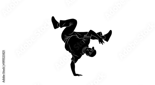 Dynamic Freeze: A silhouette captures a breakdancer mid-movement, poised in a gravity-defying freeze. The image emphasizes strength, balance, and artistic expression.