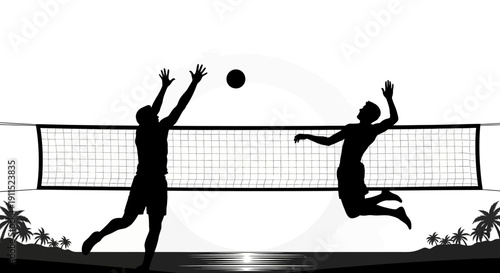 Volleyball Game Silhouette on Beach: Dramatic monochrome silhouette captures the essence of a dynamic volleyball match at sunset on a sandy beach.