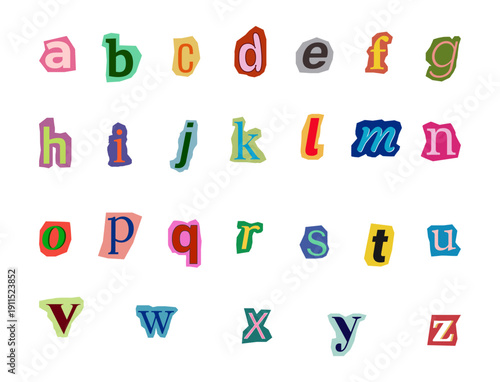 Anonymous font, color lowercase letters on cutout paper backgrounds. Magazine cutout collage vector alphabet