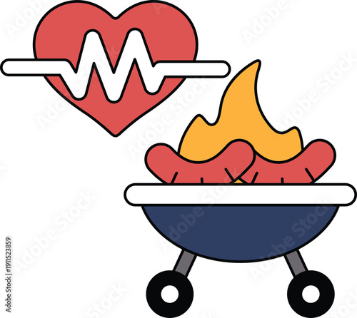 A heart is shown next to a grill with hot dogs on it