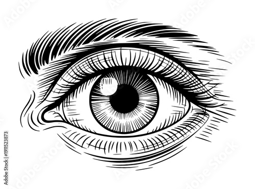 Detailed black and white engraving style of a human eye with intricate linework