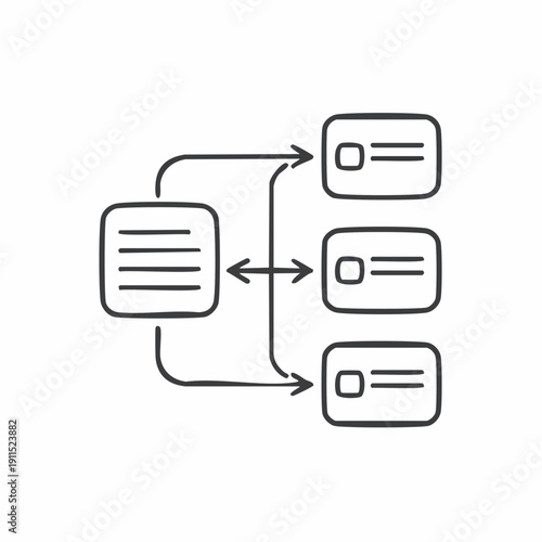 A hand-drawn icon illustrating data flow and processing between a central document and multiple output cards.