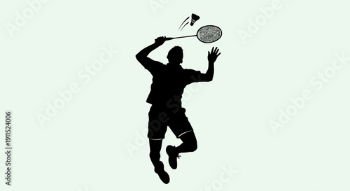 Badminton Silhouette: A badminton player jumps high to smash a shuttlecock, showcasing agility, athleticism, and the thrill of the sport.
