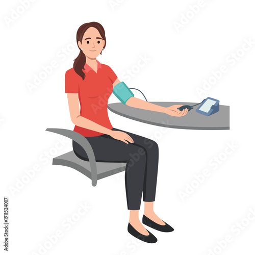 Woman Measuring Blood Pressure at Home with Digital Monitor. Flat vector illustration isolated on white background