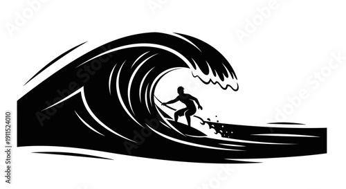 Surfer Rides the Wave: A silhouette of a surfer fearlessly riding the crest of a powerful wave, capturing the thrill of the ocean, the force of nature, and the pursuit of adventure.