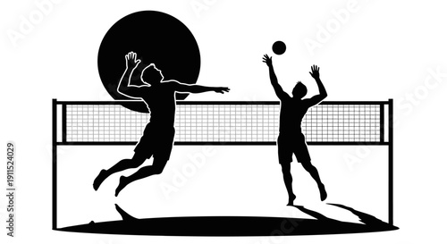 Volleyball Silhouette: Two dynamic figures engage in a high-stakes volley, their silhouettes sharply defined against the sun, encapsulating the spirit of competition and athleticism.