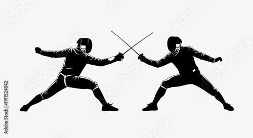 Dynamic Duel: Two masked fencers engage in a tense duel, blades crossed in a captivating display of skill, precision, and the spirit of competition.