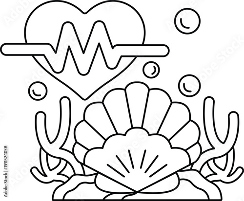 A heart is drawn in the center of a picture of a shell and seaweed