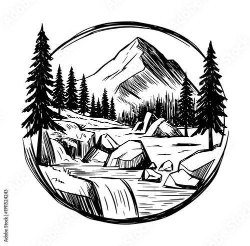 Canvastavla Hand drawn black and white mountain landscape with waterfall and pine trees in c