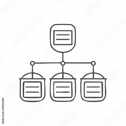 Hand-drawn icon of a hierarchical data structure or network diagram with a main node connected to three sub-nodes, representing system architecture.