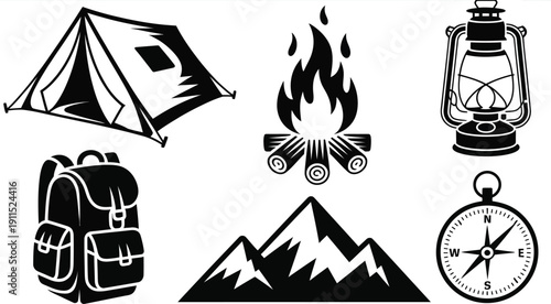 Camping and Outdoor Adventure Tent, Campfire, Lantern, Backpack, Mountains, Compass