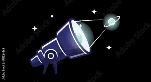 Telescope pointing at a planet and stars in the night sky with a black background and white highlights