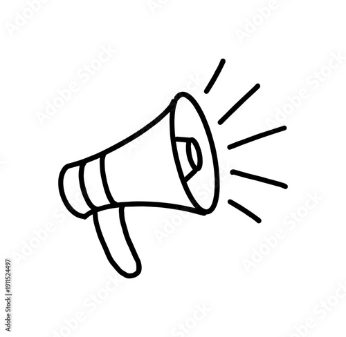 Megaphone hand-drawn line doodle in a simple outline vector style, designed as a clean communication symbol suitable for announcements, alerts, social media graphics, promotional materials, and modern
