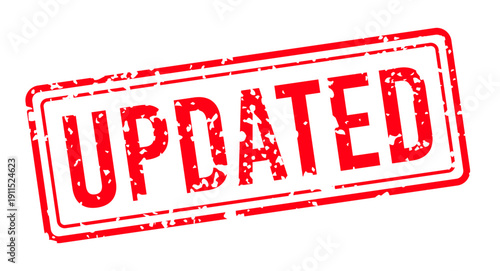 Red rubber stamp with Updated text in grunge style, round double border design, distressed vector typography isolated on transparent background for documents, status marks, approvals, and business