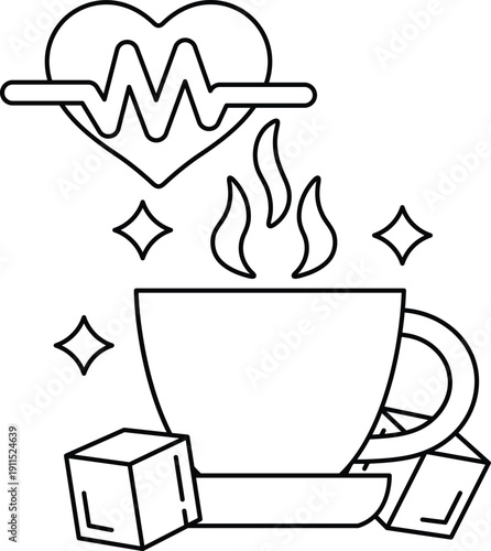 A black and white drawing of a cup of coffee with ice cubes and a heart