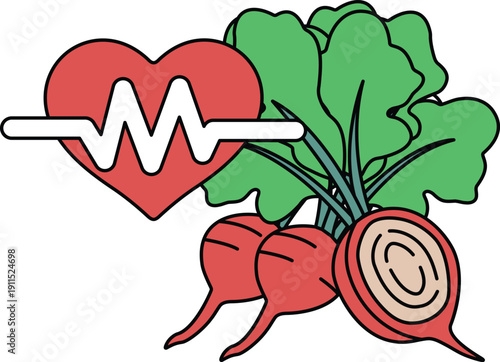 A heart is shown next to a bunch of vegetables, including radishes and beets