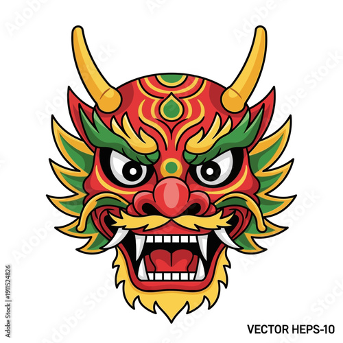 Colorful Dragon Head Illustration with Horns.