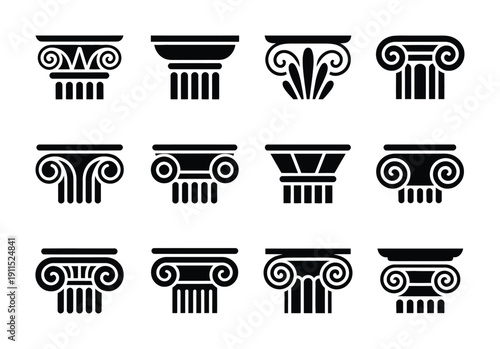 Collection of Black and White Ionic and Corinthian Column Capitals