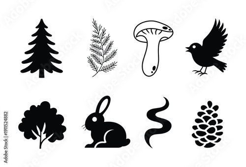 Collection of Black and White Nature Icons: Tree, Mushroom, Bird, Rabbit, and More