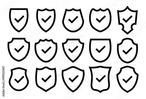 Shield icons with check marks for security protection, safety and verification concept in clean flat vector style, suitable for cybersecurity, data protection, insurance, websites, apps, and business