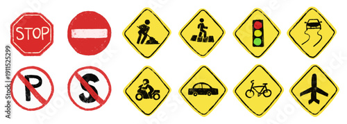 Cute set of watercolor crayon yellow red hand drawn traffic road prohibited warning sign doodle kids illustration nursery design sticker clipart collections