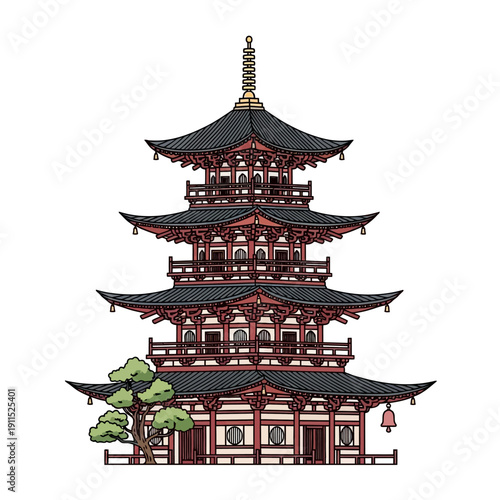 Traditional Chinese Pagoda Architecture Illustration.