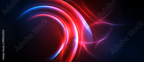 Abstract energy flows, vibrant red, blue hues. Dynamic curves suggest motion, light trails, dark background creates contrast.