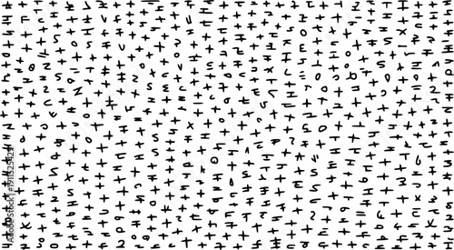 Random Black Hand Drawn Symbols and Numbers Scattered White Background abstract chaos
