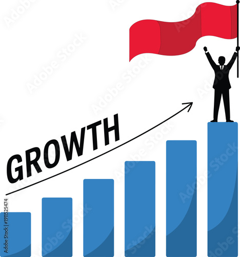 Person Celebrating on of Blue Bar Graph with Red Flag