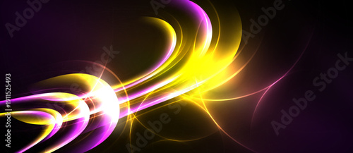 Abstract energy flow. Vibrant yellow, purple streaks against dark background. Dynamic curves suggest movement, light intensity.