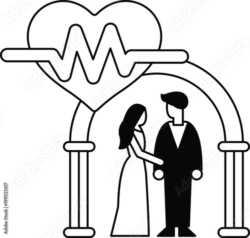 A man and woman are standing in front of a heart with a man's arm around a woman