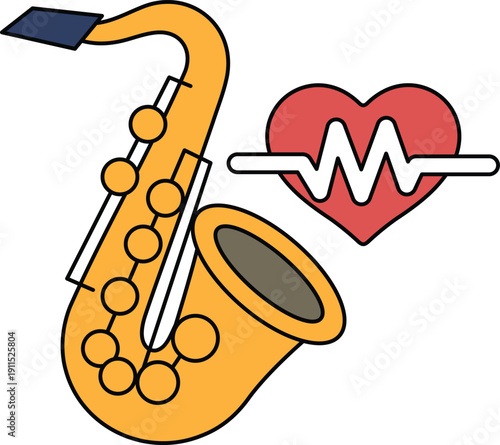 A black and white drawing of a saxophone and a heart