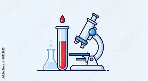 Lab equipment with test tube microscope and beaker on a table for science and research purposes in a laboratory setting with medical and chemical analysis tools