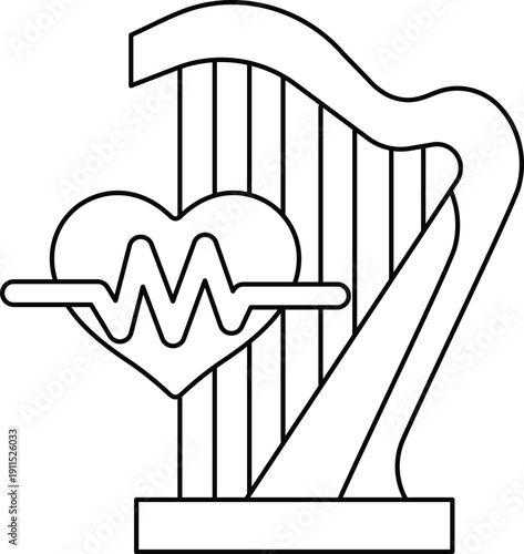 A heart is shown on a piece of paper with a stringed instrument, possibly a harp
