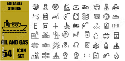 Oil and Gas Icons Set – Oil Rig, Fuel Pump, Gas Tank, Refinery, Barrel, Pipeline and Energy Production Line Icons Collection, Editable Stroke Outline Symbols for Industrial Infographics, Petroleum Ind