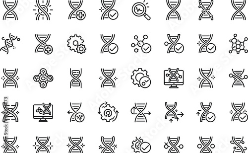 DNA Genetic Icon Set, Helix Structure, Biotechnology Research, Genome Sequencing, Medical Science, Heredity Symbols, Bioengineering Graphics, Cad Drawing Flat Vector Illustration