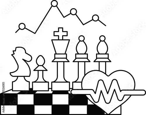 A black and white drawing of a chess board with a heart in the middle
