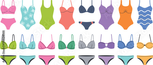 Large collection of colorful women's swimwear and lingerie sets including bikinis and one-piece swimsuits isolated on white background.