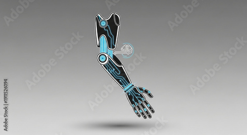 Futuristic robotic arm with blue accents and sleek design floating against a gray gradient background showcasing advanced technology and modern innovation